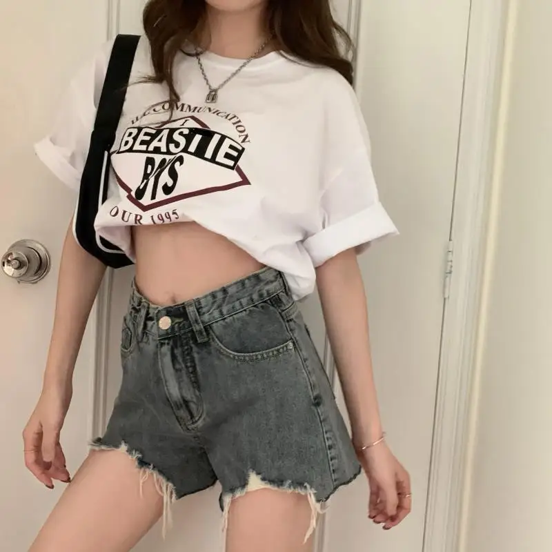 Large Size Fat MM Solid Denim Shorts Women's 2022 New Summer Ripped High Waist Loose Harem Pants Thin A-line Hot Pants Ins Tide