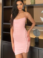 sexy halter pleated pink bodycon mini dress women 2022 summer fashion sleeveless solid elegant party dresses beach clubwear