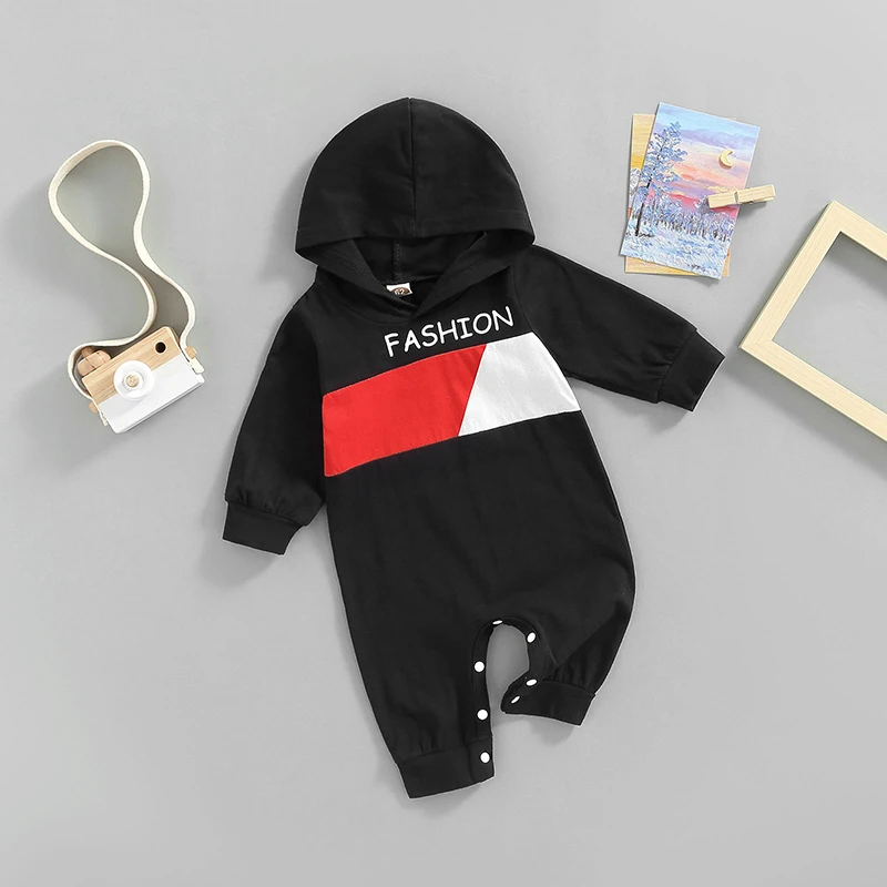 

Blotona Infant Baby Boys Jumpsuit Letter Printed Contrast Color Patchwork Long Sleeve Hooded Romper Clothes 0-18Months