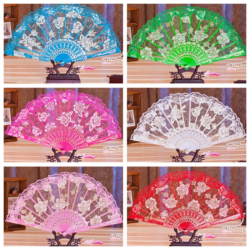 

1Pc Chinese Style Fan Dance Wedding Party Lace Rose Pattern Printing Folding Hand Fan Photo Prop Home Decoration Ornaments