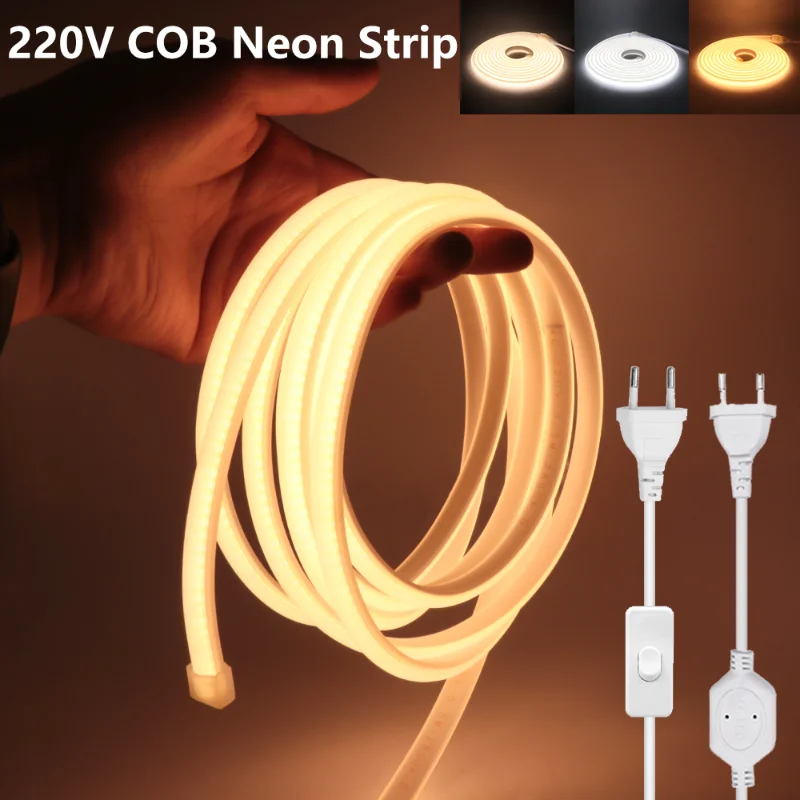 

5M 220V Flexible COB Strip Light Adhesive Tape 288LEDs/m EU Power Plug Led Ribbon IP65 Waterproof Led Strip for Home Decor Light