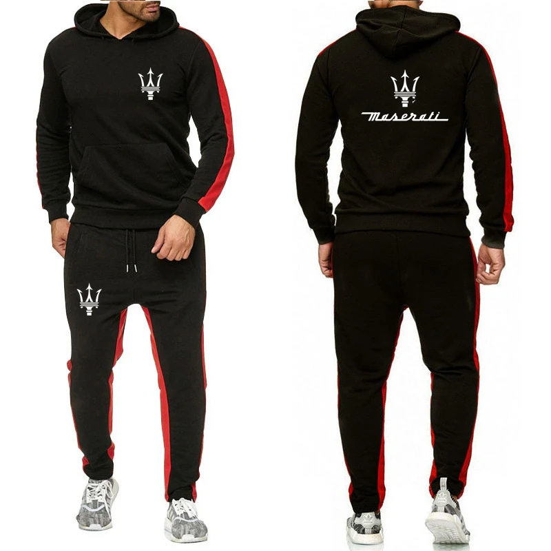New Maserati Logo Printed Custom Made Brand Solid Color Men Pullover Hoodie+Pants Drawstring Leisure Sportswear Man Suit Trend