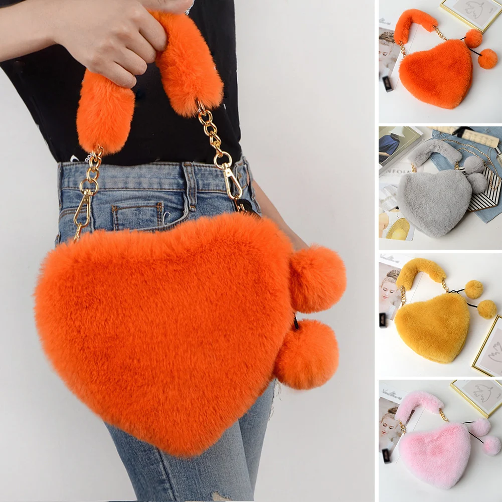 

Женская мягкая плюшевая Портативная сумка в форме персикового сердца, сумки на плечо, зимний пушистый Дамский клатч, кошелек, модная женска...