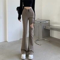 2022 women summer high street style small high waisted flared trousers thighs personality eith hollow sexy show legs long a04
