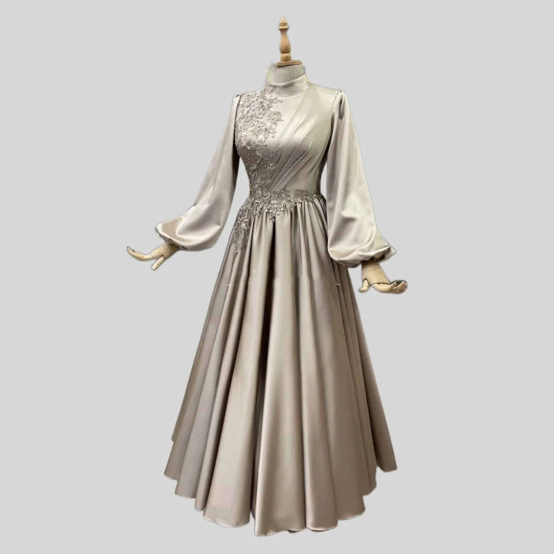 

Moroccan Kaftan Muslim Evening Dresses A-line Long Sleeves Appliques Beaded Dubai Arabic Turkey Abaya Islamic Evening Gown