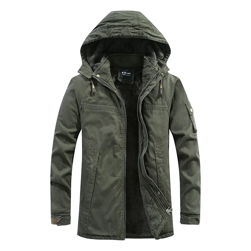 Winter Coat Men Mid-length Slim-fit Tooling Washable Detachable Hooded Cotton Jacket Thickened Warm Long Jacket Men