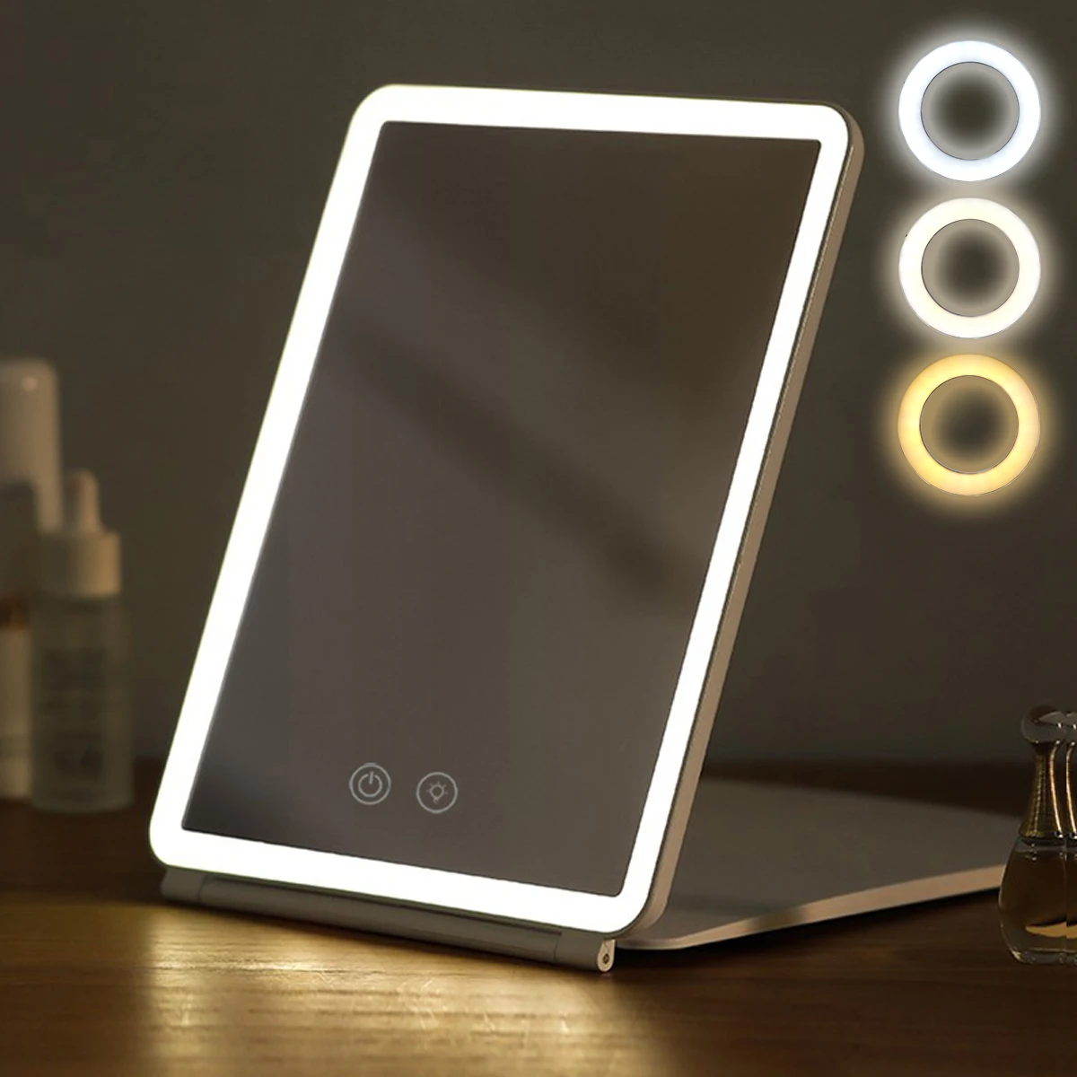 LED Touch Screen Makeup Mirror Folding Mirror Lighted Makeup Mirror 3 Colors Light Modes USB Rechargeable Cosmetic Mirror Tools