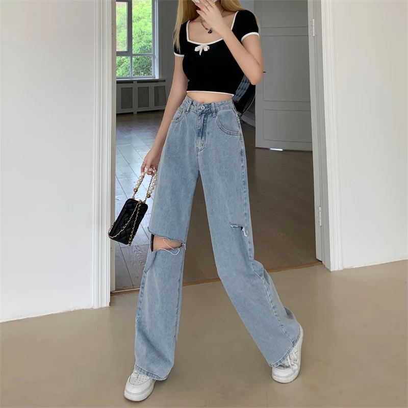

DD1809 Ripped jeans women's new loose high waist wide leg all-match slim straight pants jeans