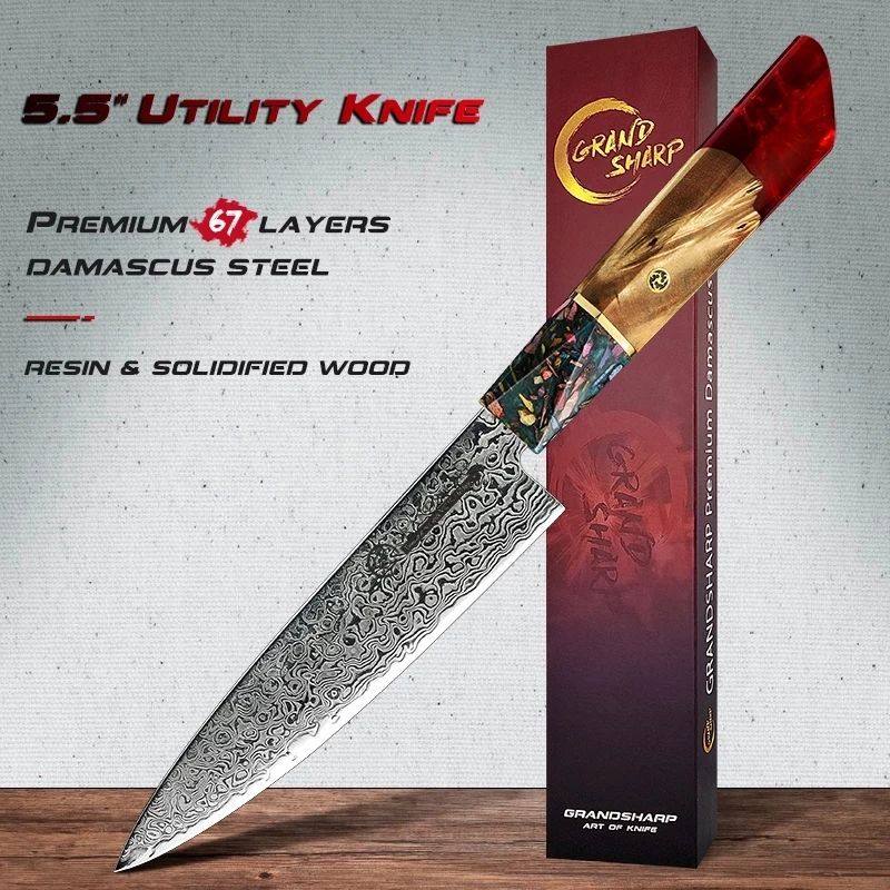 

randsharp Japanese Damascus AUS-10 Steel 5.5 Inch Utility Knife Ultra Sharp Stainless Steel Chef Slicing Cutter Kitchen Knives