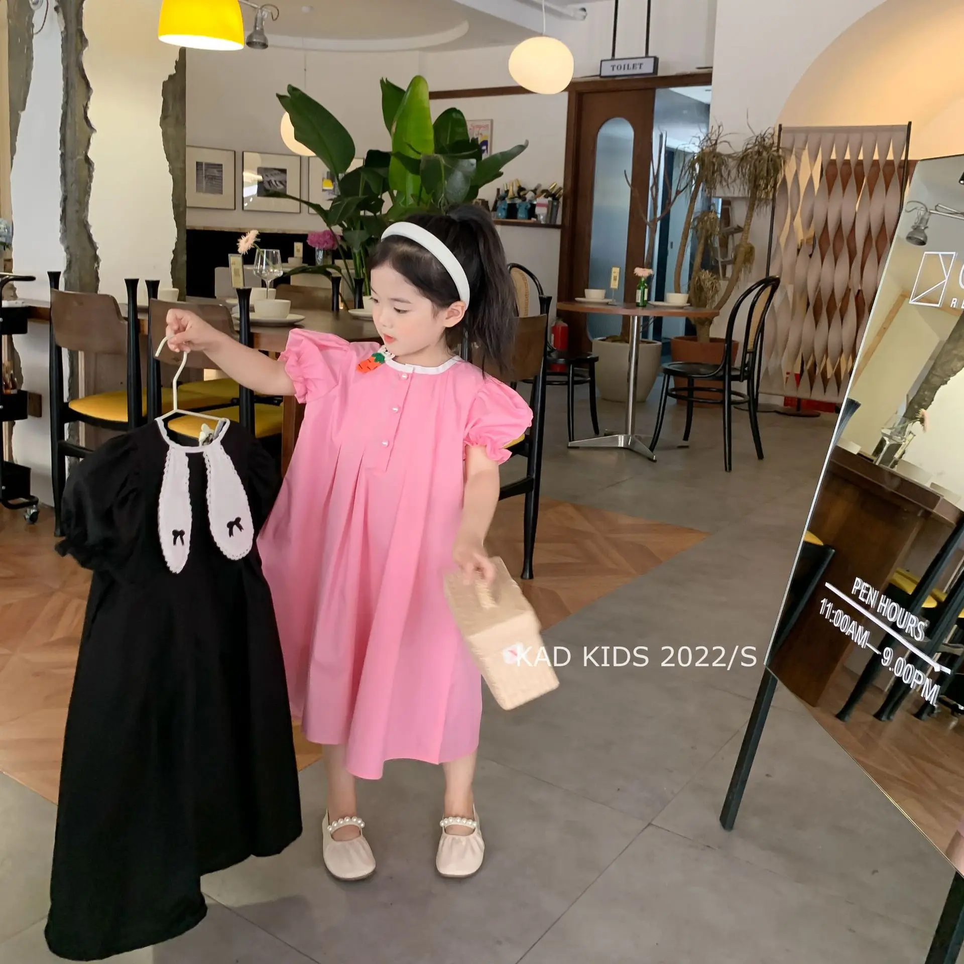 

2022 Summer New Children Clothes Baby Girls Korean Solid Color Loose Leisure Rabbit Ears Cotton Dress