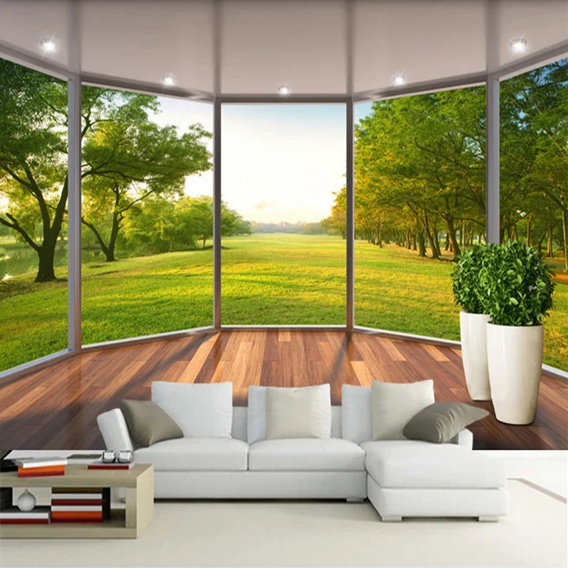 

3D Stereo French Window Green Grass Photo Mural Wallpaper Living Room TV Sofa Background Wall Paper For Walls 3D Papel De Parede