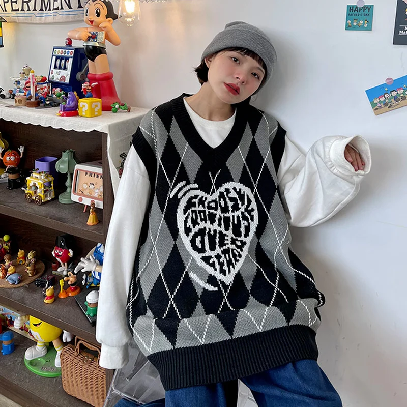 

Dinboa-черный готический свитер, жилет для женщин Y2k, рисунок сердца, ромбиками, вязаная одежда Fall2022casual Mal Goth, оверсайз, уличная одежда, Графический Топ