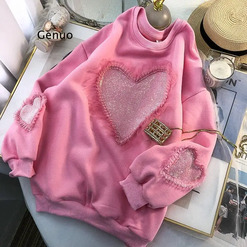 

Women's Casual Sweatshirt Heart Print Diamonds Long Sleeve Pink Pullover Tops Korean Preppy Style Harajuku Hoodie Coat