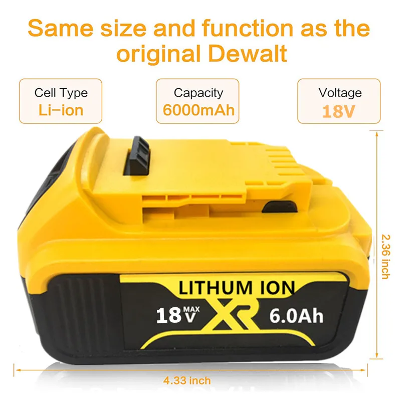 100% Оригинальный перезаряжаемый литий-ионный аккумулятор DeWalt 18 в 6000 мАч со