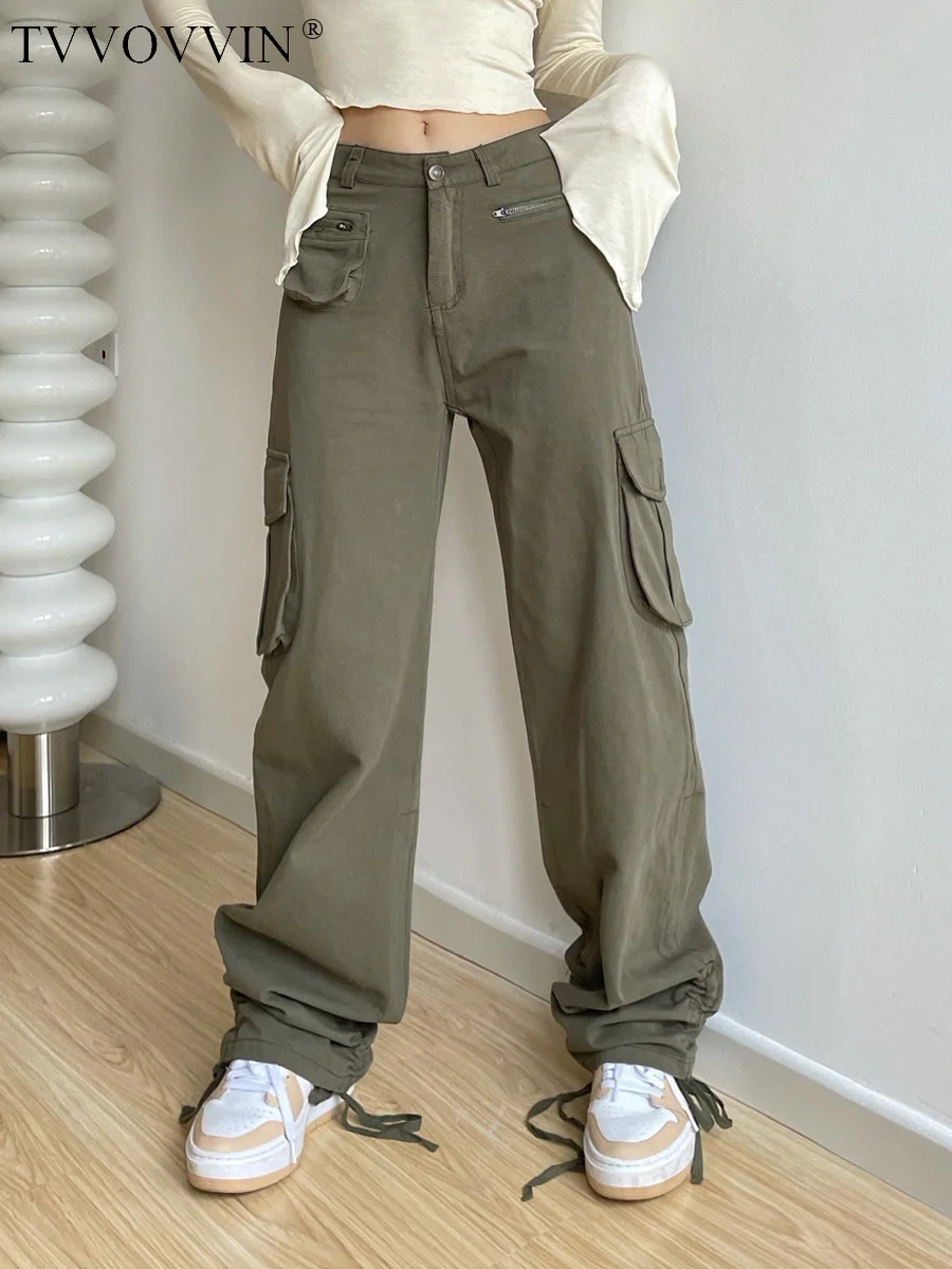 

WOMENGAGA Vintage Multi Pocket Cargo Pants Fashion Spicy Girl Solid Loose Straight Leg Casual Pants Hem Drawstring Pants DC08
