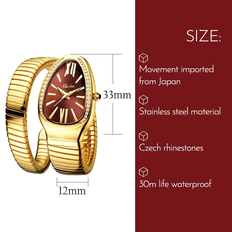 MISSFOX 2022 Snake Watch For Women Fashion Daimond Quartz Lady Watch Luxury Design Special Ladies Clock With Dress Jewelry Gift