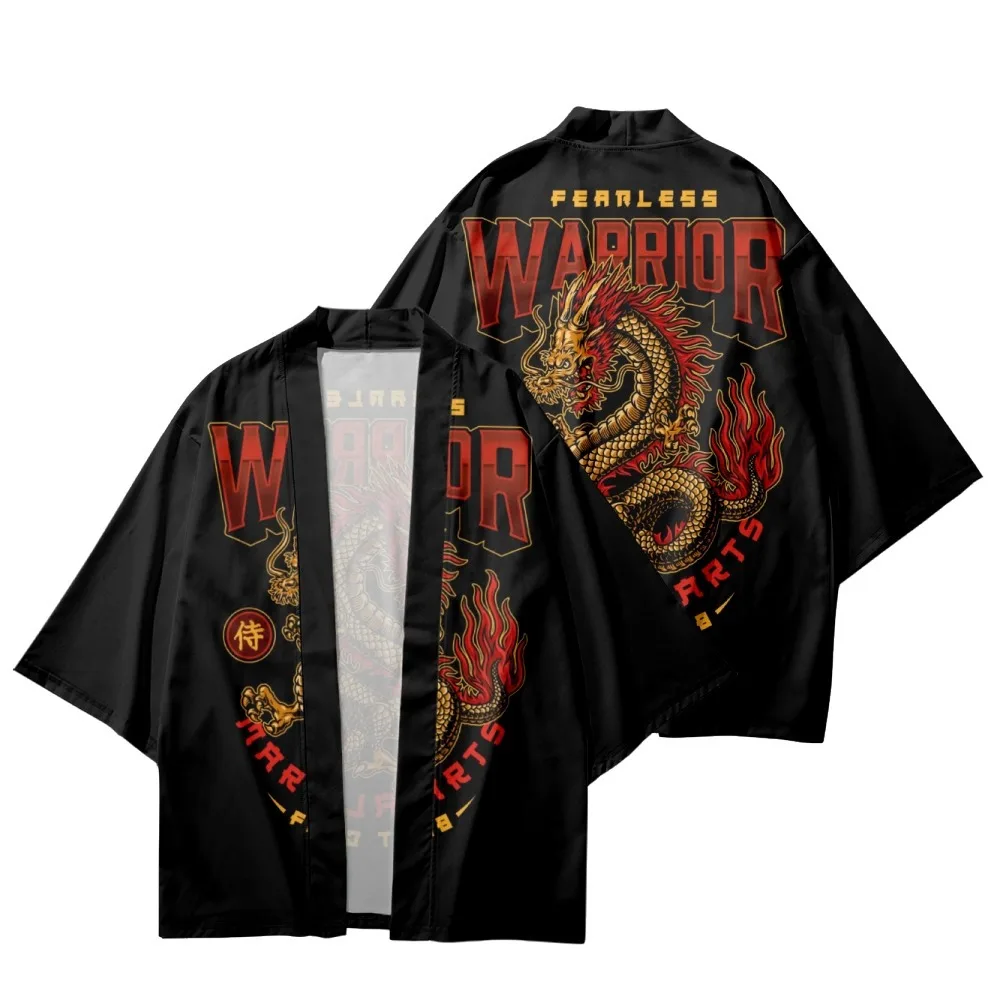 

Warrior Dragon Printed Black Japanese Kimono Cardigan Beach Shorts Couple Women Men Cosplay Yukata Casual Asian Clothes Harajuku