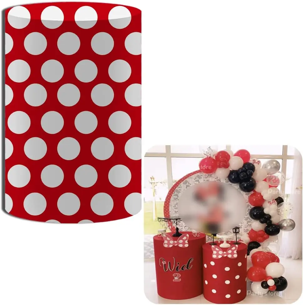 

Red White Polka Dots Cylinder Cover for Baby Girl Birthday Party Decoration Stretchy Cloth Plinth Cover Pedestal Cover
