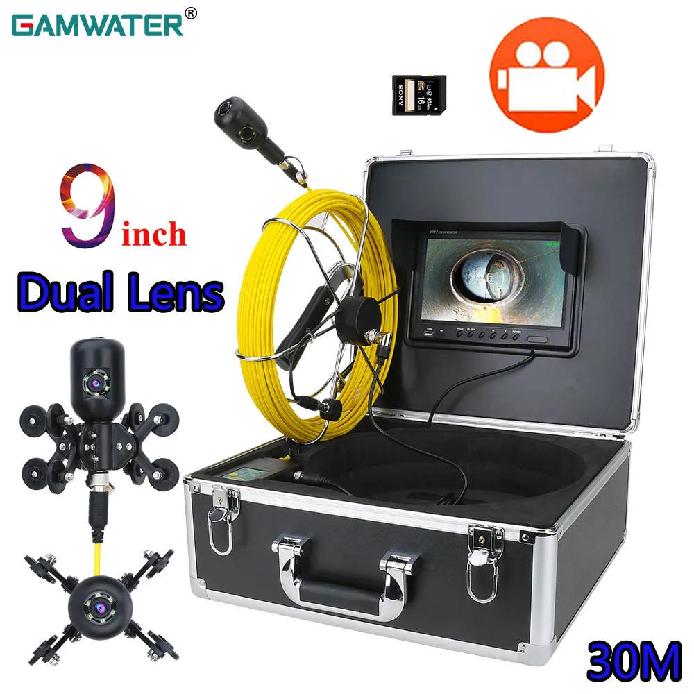 

GAMWATER 9 inch DVR Drain Sewer Pipeline Industrial Endoscope 30M/50M 1080P HD Dual Lens Pipe Inspection Video Camera