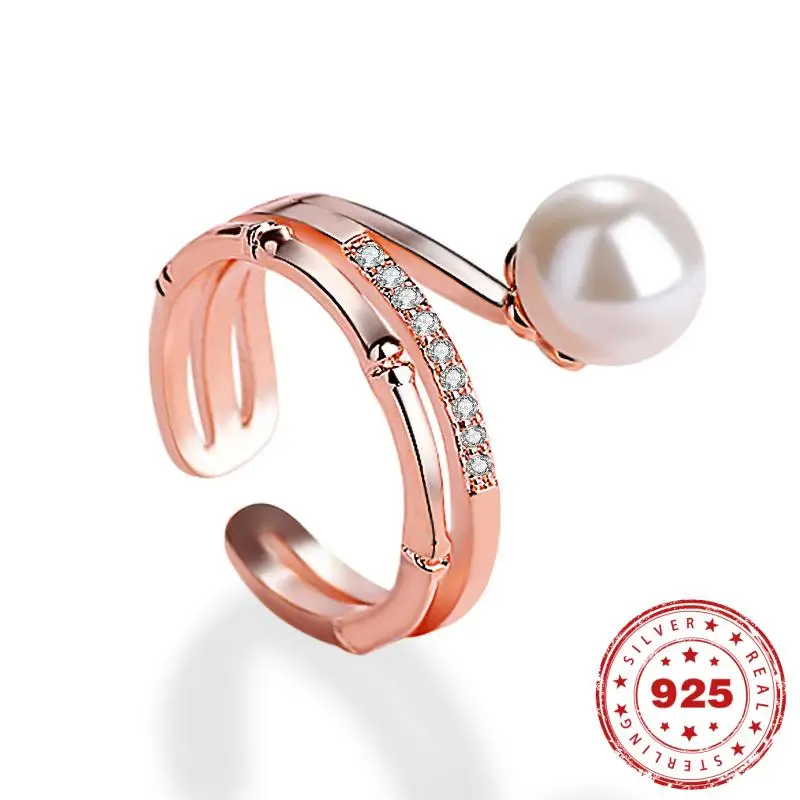 HOYON 925 sterling silver color Fashion Pearl Ring Women's Jewelry Open Diamond Zircon Bamboo Ring Setting Copper Jewelry
