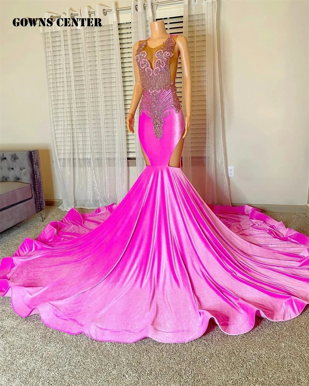 

Dream Pink Velvet Rainstone Mermaid Prom Dress 2024 For Black Girl See Thru African Wedding Evening Dress Sheer Mesh Party Dress