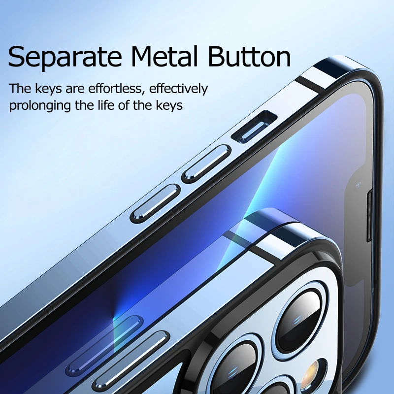 Luxury Metal Phone Cases For iPhone 12 13 Pro Max Stainless Steel Frame Transparent Matte Glass Back Cover Metal Lens Protection