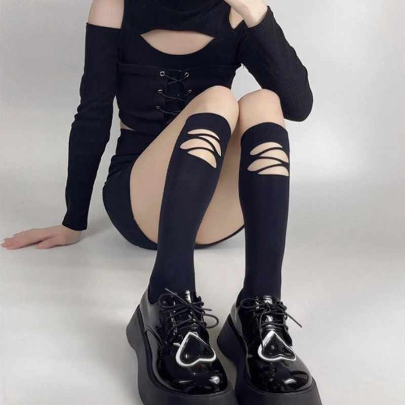 

Asymmetrical Hole Socks Female Trendy Street Socks JK Black Calf Stockings AB Socks Are Thin New Personality Student Thin