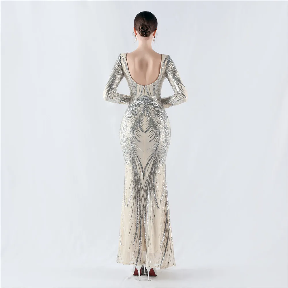Women's V Neck Long Sleeve Elegant Sequin Floral Mermaid Bodycon Formal Party Gown Evening Maxi Dress