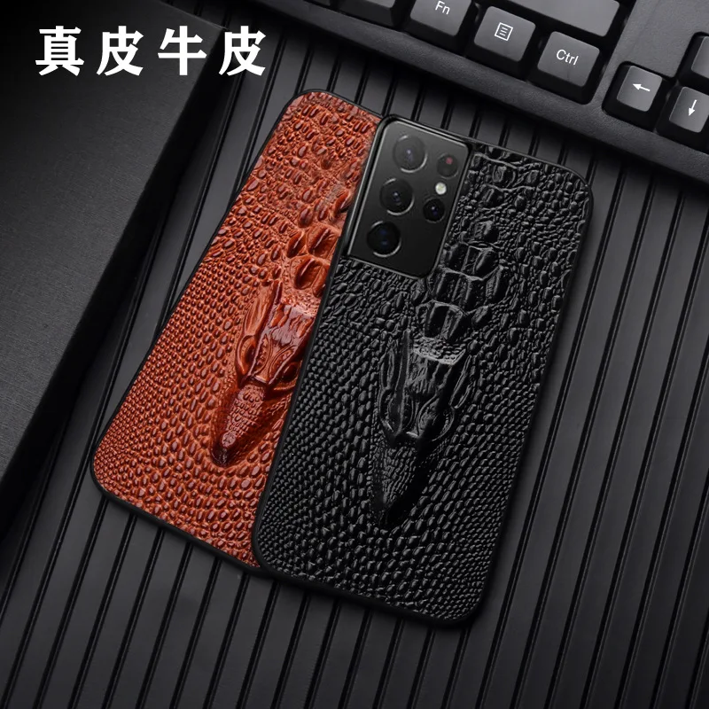 

Luxury Genuinnew Genuine Leather Luxury 3d Crocodile Head Phone Case For Samsung S22 S21 S20 Fe S10 Plus A72 A53 A33 A32 Cover