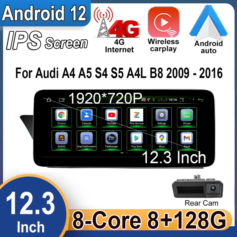 For Audi A4 A5 S4 S5 A4L B8 2009 - 2016 12.3 Inch Carplay Android 12 System Car Player Multimedia Radio Stereo GPS Navigation