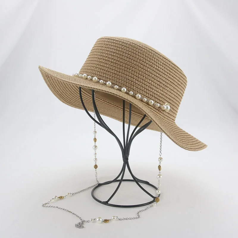 

Women Summer Hats Straw Hats Sun Beach Pearl Flat Top Wide Brim Chain Luxury Hats for Women Sun Hat Sombreros De Mujer панама