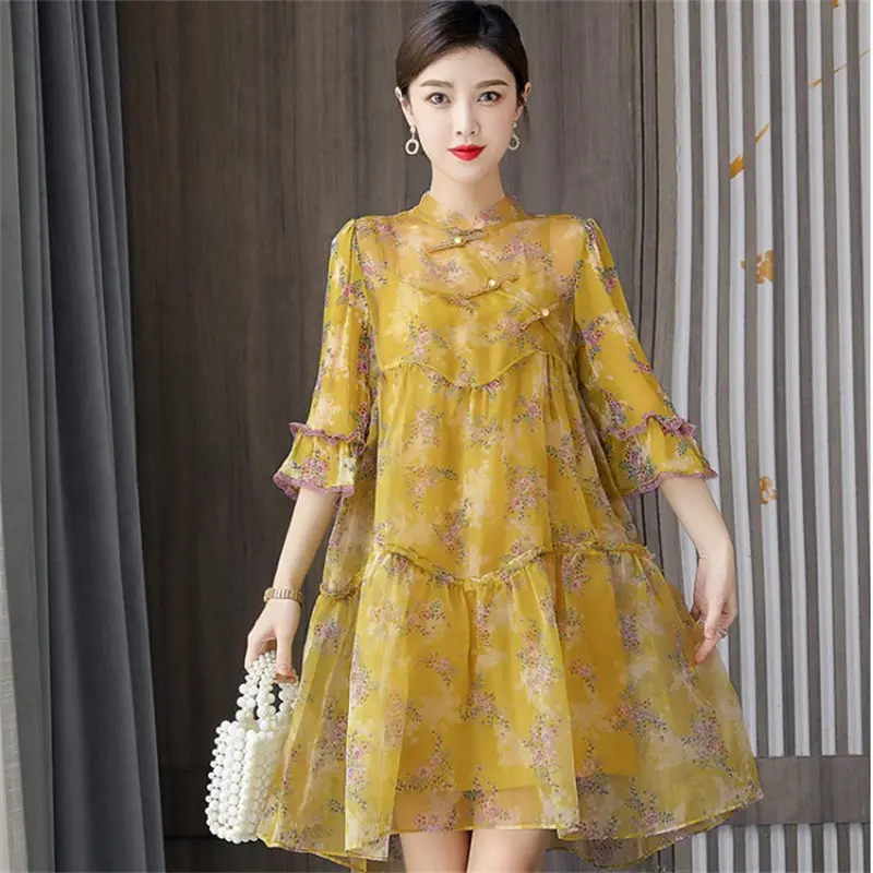 

Элегантное летнее платье в стиле ретро, новинка 2022, женская одежда, свободное платье из искусственного шелка, вечерние ное ТРАПЕЦИЕВИДНОЕ п...