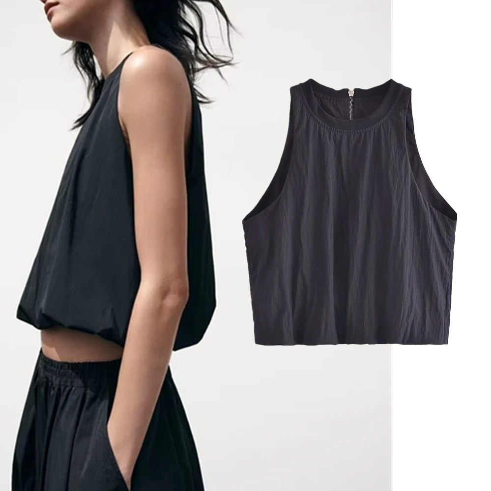 

Elmsk 2023 Summer Fashion Ladies Short Tops French Black Texture High Waist Sleeveless Shirt Women