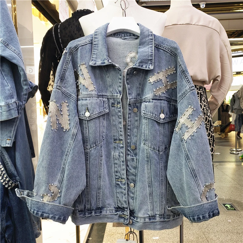 

2022 Spring Autumn Beaded Letter Embroidery Women Blue Denim Jacket Casual Loose Lapel Long Sleeve Jeans Coat Female Streetwear