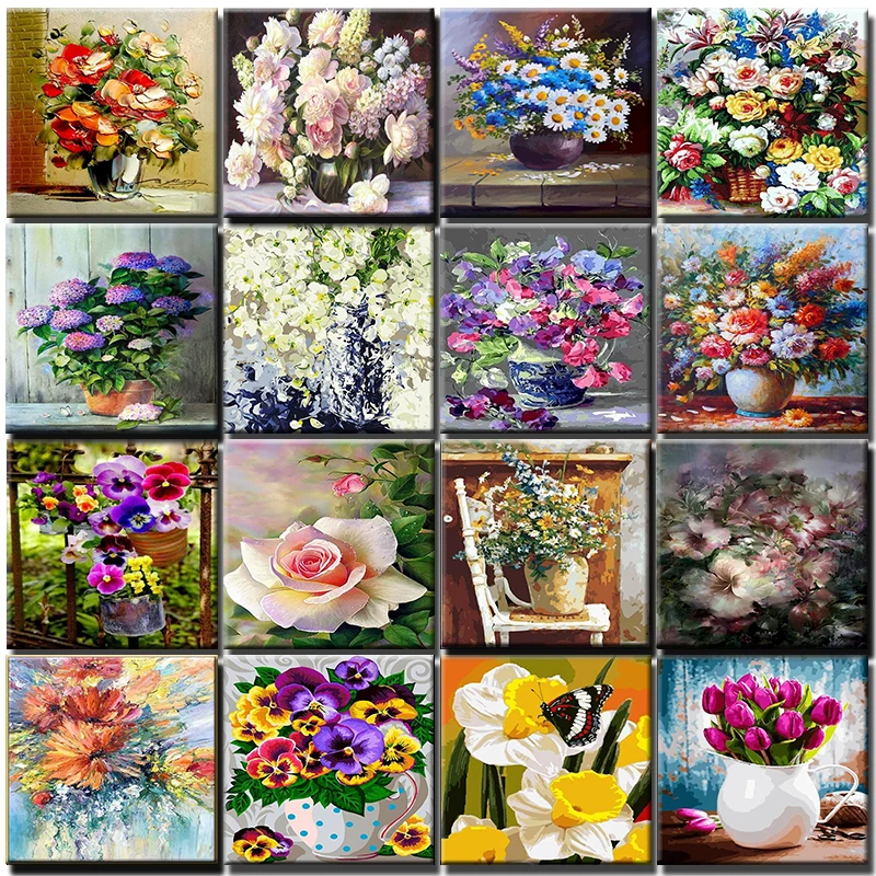 Paint By Numbers Flower Set Colorful Oil Picture Drawing Canvas Frame Acrylic Paint For Adults Kits Coloring By Number Decor Art