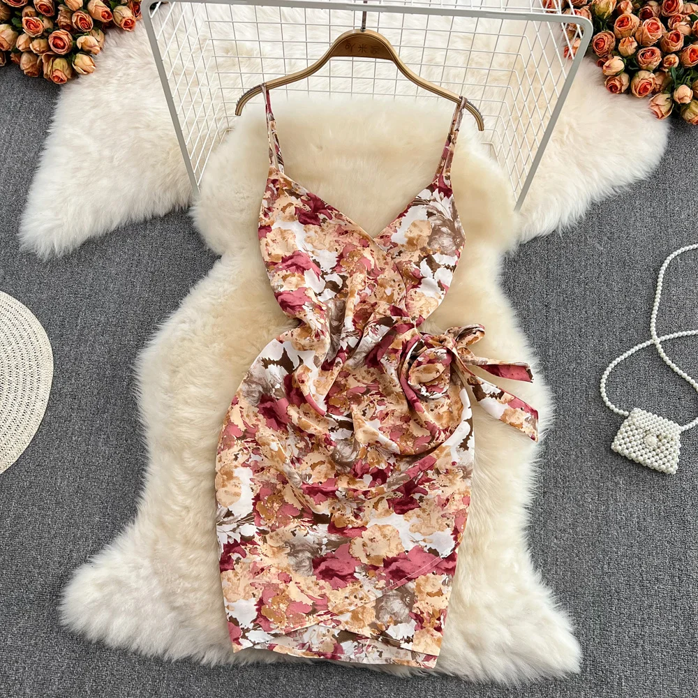 

Summer New Elegant Sexy Slim Print Women Slip Dress Girl Fashion Sleeveless Backless Floral Printed Tie Dye Slip Dress With Belt