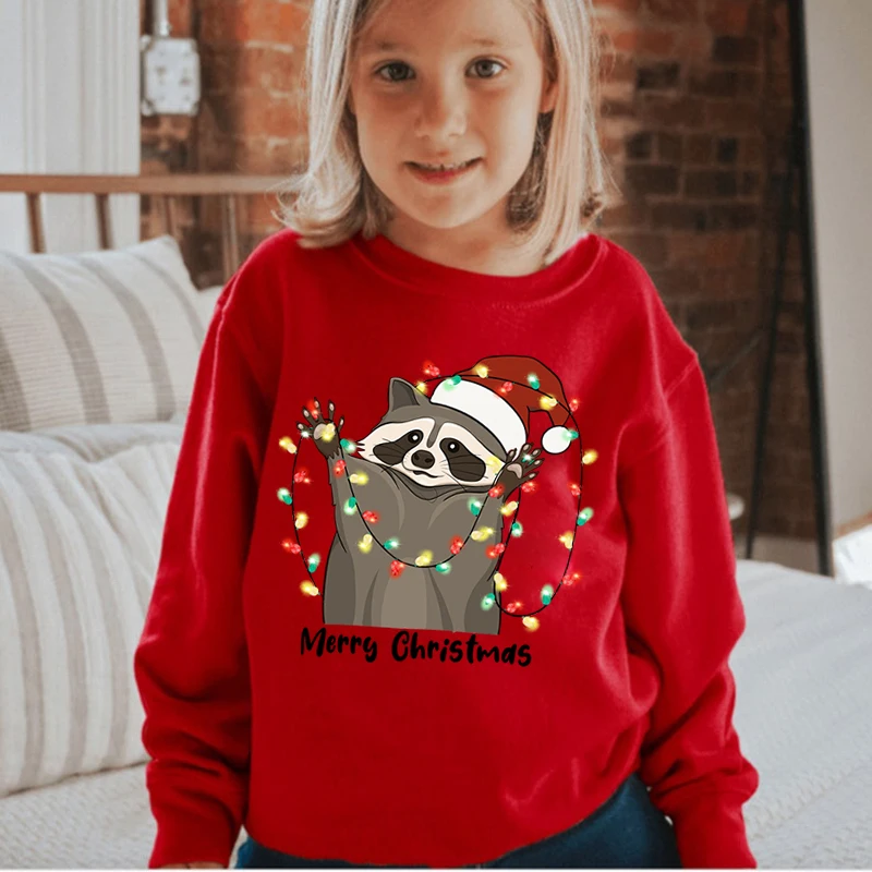 3-15Years Old Christmas Raccoon Cartoon Print Boy Clothing Hoodies Autumn Children's Girls Tops Clothing Long Sleeve Sweatshirts