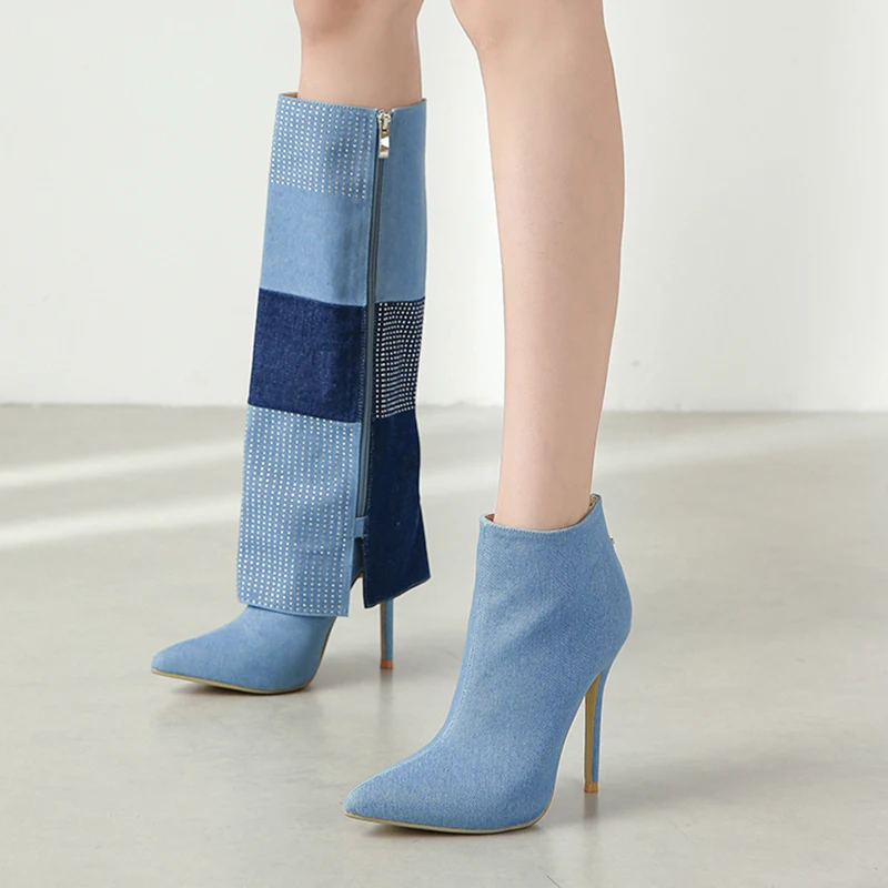

Aneikeh 2024 осенние цветные блокирующие бриллиантовые женские тонкие высокие каблуки, две модели, съемные синие джинсовые Современные Сапоги до колена