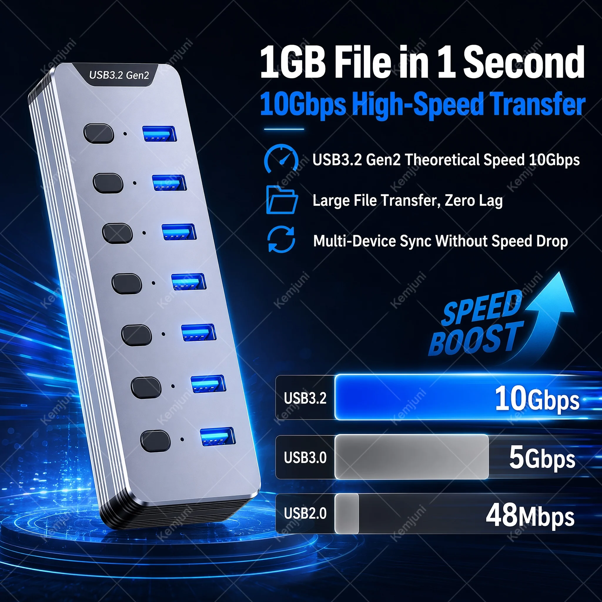 Фото USB-хаб 10 Гбит/с USB 3.2 Gen2, 7 портов, с питанием, алюминиевый корпус, с индивидуальными выключателями, USB-разветвитель для ноутбуков и мобильных жестких дисков №2