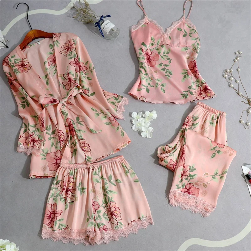 Rayon Homewear Lace Pajamas Set Women Sweet Princess Flower Print Full-Sleeve Belt Robe Lingerie Shirt Loose Pyjamas Top Clothes