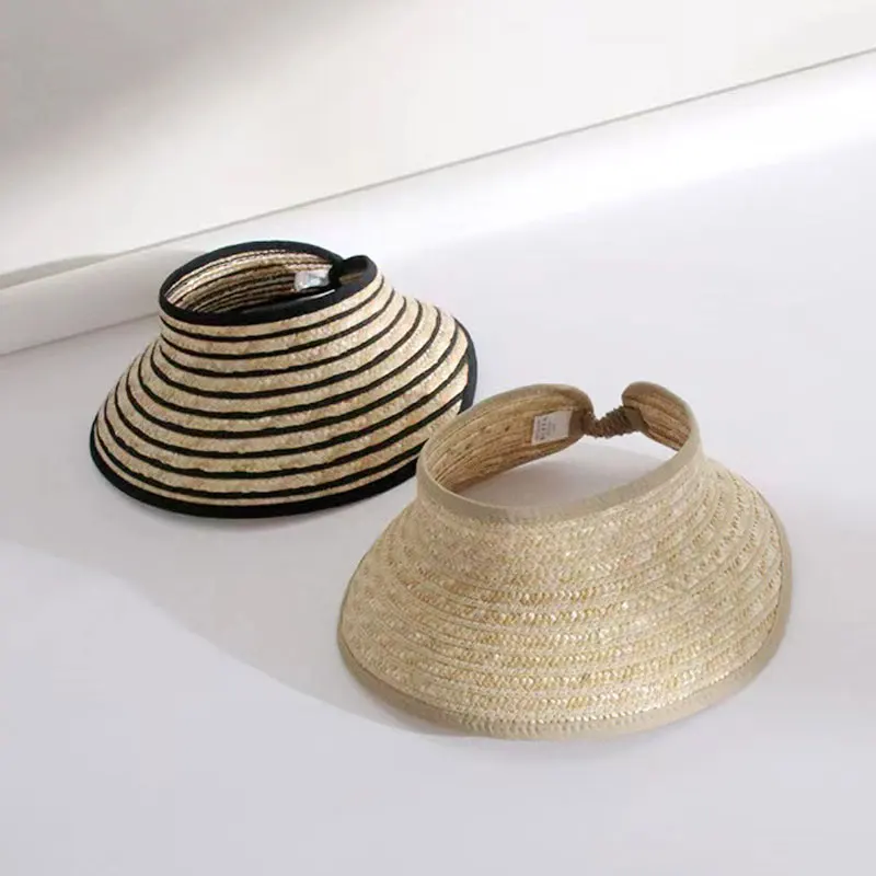 

New Summer Striped Wheat Straw Hand-woven Wide Brim Empty Top Hat For Women Fashion Travel Beach Holiday Hats Caps Men Visor Cap