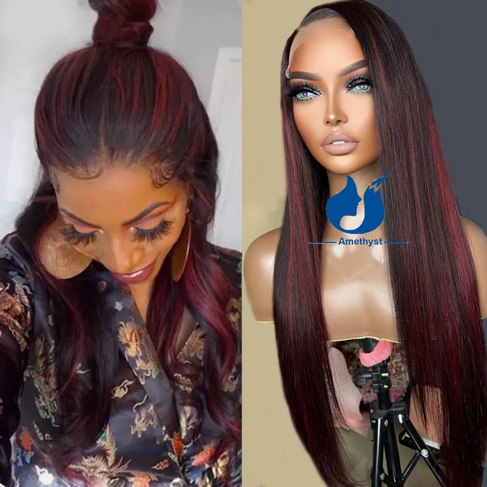 Rose Red Highlighted Wig Human Hair 13x6 Lace Front Wig for Women Burgundy Straight Skunk Stripe Wig 1B/99J Highlights Deep Part