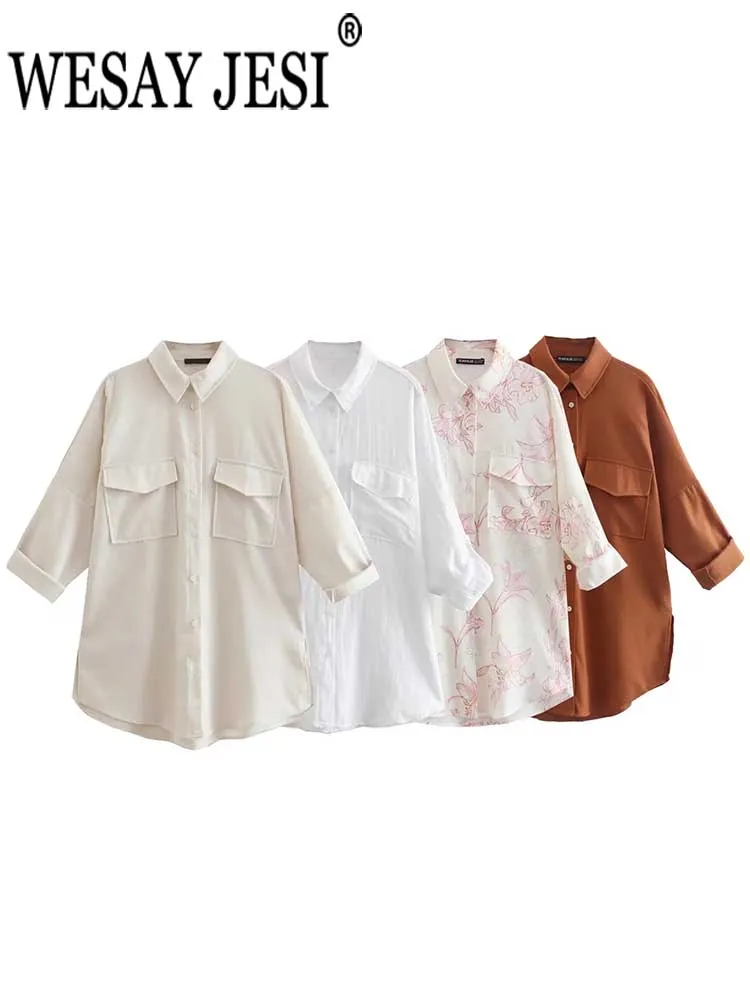 

Офисная блузка WESAY JESI, повседневная однобортная Свободная рубашка из льняной ткани с длинным рукавом, с карманами, универсальная, для женщин