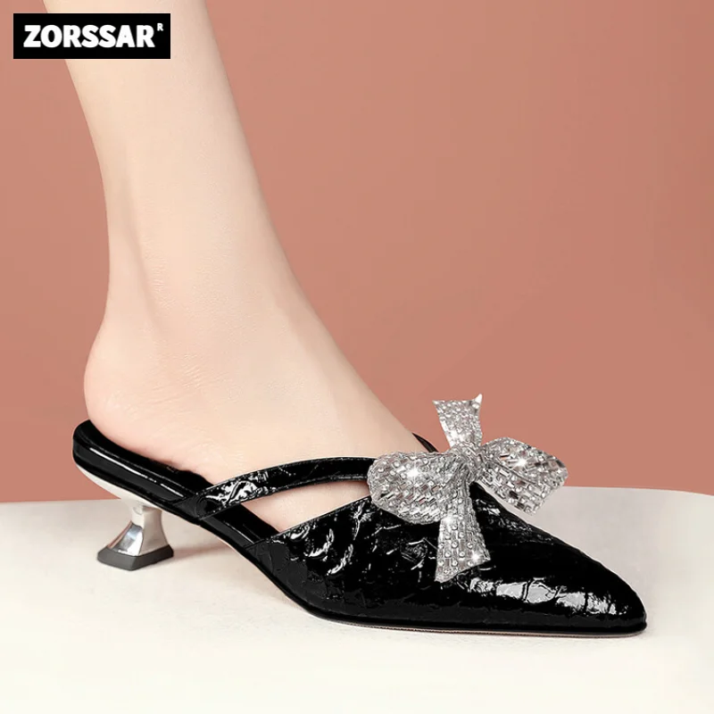 

2023 New Women Sandals Summer Fashion Bow tie Ladies Slides Pointed toe Low Heel Mules Shoes Outdoors women Slippers
