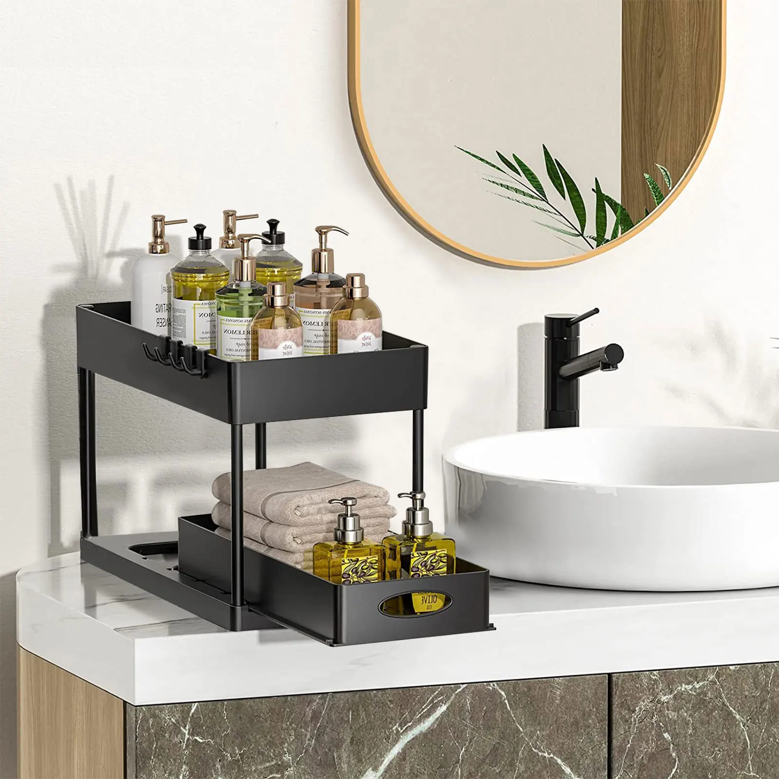 

2-Tier Under Sliding Cabinet Basket Organizer Stackable Storage Shelf Basket Drawers for Kitchen Bathroom Kitchen Storage Holder
