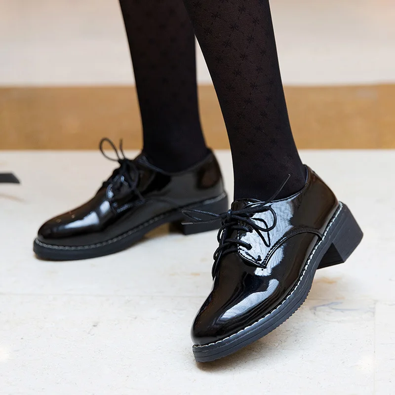 

New Solid Leather Oxford Shoes for Women Flats Lace Up Square Low Heels Casual Shoes Woman Brogues Plus Size Zapatos De Mujer