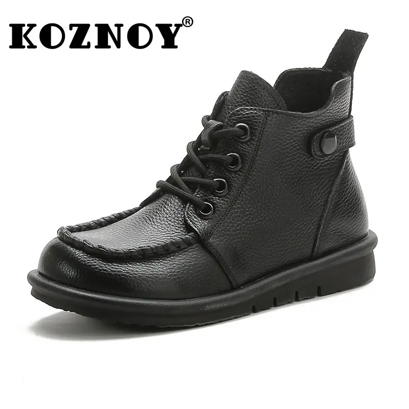 

Koznoy 3cm Natural Full Cow Genuine Leather Spring Autumn Chimney Mid Calf Boots Flats ZIP Women Booties Moccasins Females Shoes