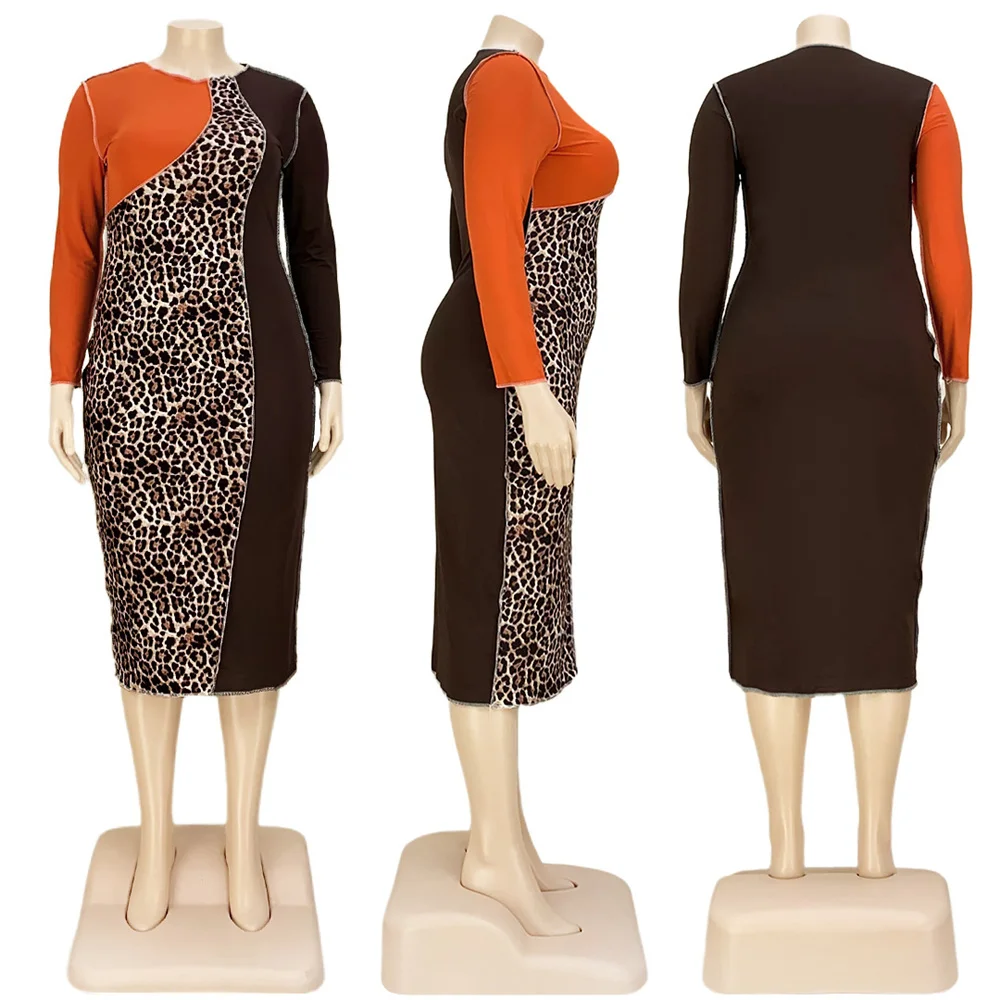 Plus Size New Women's Dresses Elegant Leopard Patchwork Bodycon Stretch Maxi Dress Party Vintage 2023 Wholesa 3xl 4xl 5xl 6xl