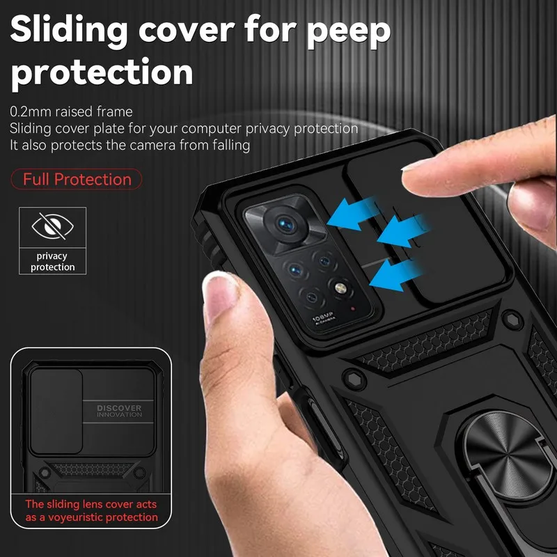 

Slide Lock Armor Case for Xiaomi Redmi Note 11 Pro 5G 11S 9S Ring Hoder Cases POCO X3 Pro X4 M4 Camera Cover for Xiaomi 11t Lite