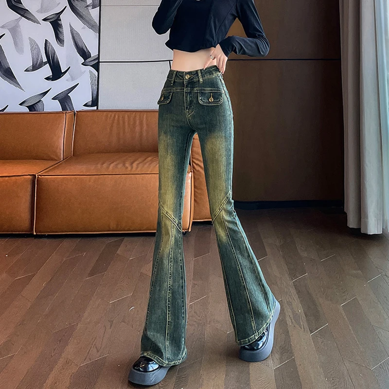 Женские джинсы-клеш в стиле панк с высокой талией женские винтажные эластичные